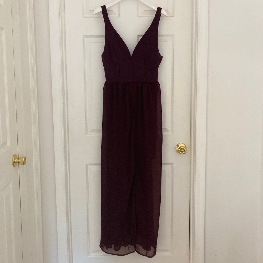 Burgundy short body con dress with long, sheer outer skirt